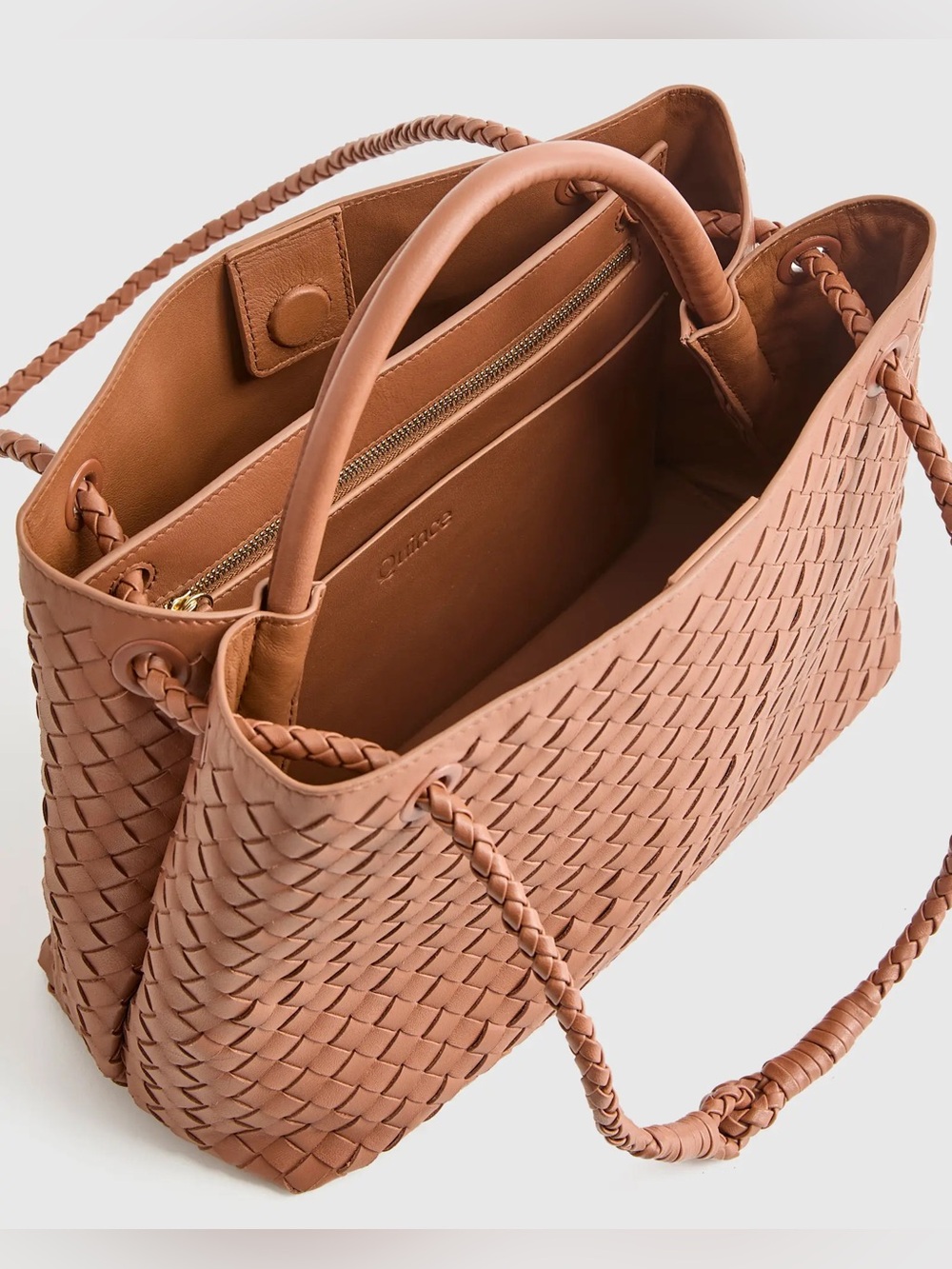 Quince Italian Leather Handwoven Large Satchel Cognac Color - Picture 7 of 14